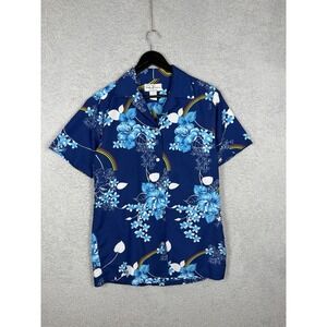 Vintage Hukilau Fashions Hawaiian Shirt Blue Floral Rainbow Hawaiian Camp Size S